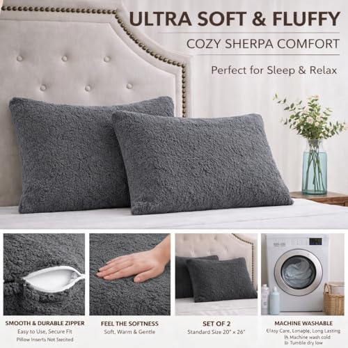 Reafort Ultra Soft Sherpa Pillowcases Set of 2 – Fluffy Cozy Fleece Standard 20" x 26", Warm Plush Covers with Smooth Zipper, Machine Washable (Charcoal Grey, 20”x26” Standard Sham) - Image 3