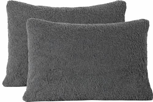 Reafort Ultra Soft Sherpa Pillowcases Set of 2 – Fluffy Cozy Fleece Standard 20" x 26", Warm Plush Covers with Smooth Zipper, Machine Washable (Charcoal Grey, 20”x26” Standard Sham) - Image 1