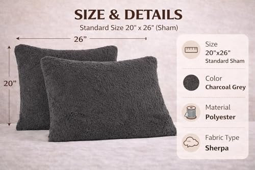Reafort Ultra Soft Sherpa Pillowcases Set of 2 – Fluffy Cozy Fleece Standard 20" x 26", Warm Plush Covers with Smooth Zipper, Machine Washable (Charcoal Grey, 20”x26” Standard Sham) - Image 2