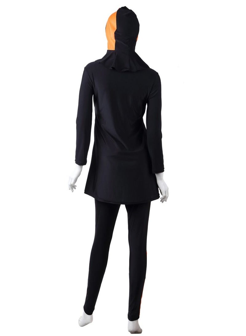 Loquat 3-Piece Conservative Sun Protection Swimwear Set Long Sleeve Burkini Swimsuit Set Black/Orange  - Image 3