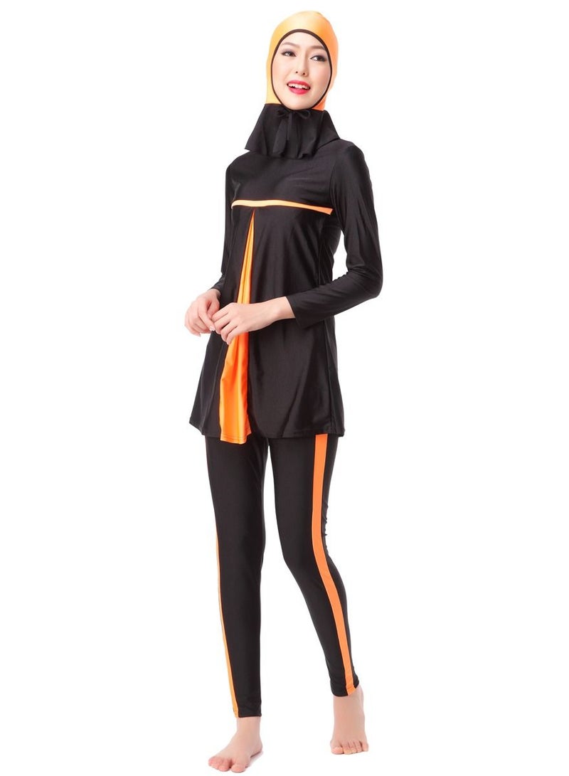 Loquat 3-Piece Conservative Sun Protection Swimwear Set Long Sleeve Burkini Swimsuit Set Black/Orange  - Image 1