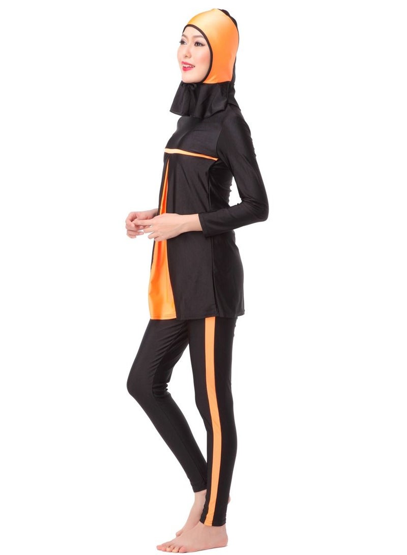 Loquat 3-Piece Conservative Sun Protection Swimwear Set Long Sleeve Burkini Swimsuit Set Black/Orange  - Image 2