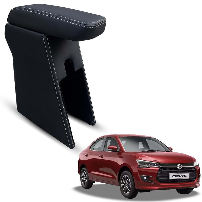 Carigiri Premium Finish Car Armrest with Storage Box And High Density Moulded Foam For Maruti Suzuki DZIRE (Models-2024,2025)(ONLY FOR LXI/LDI MODELS) (White Seam,Nappa Leatherette) - Image 1