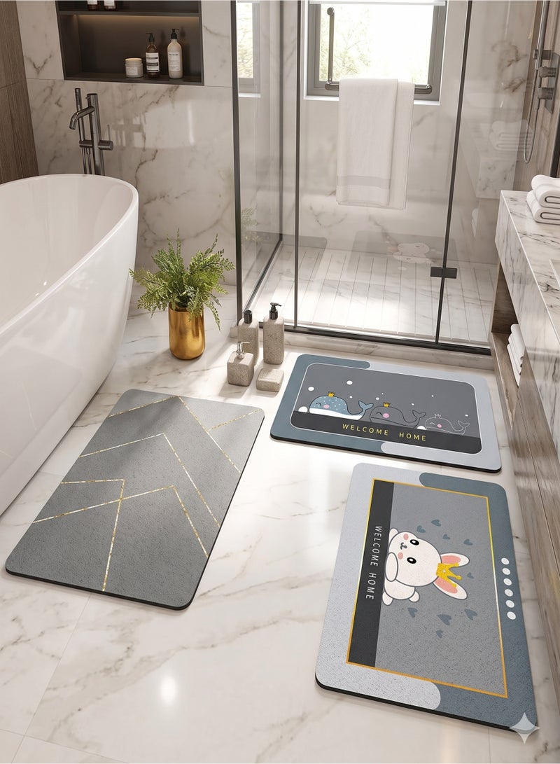 3-Piece Quick-Dry Diatomite Bath Mat Set - Non-Slip Bathroom Rugs with Geometric, Bunny & Whale Designs 70 X 45 CM - Image 3