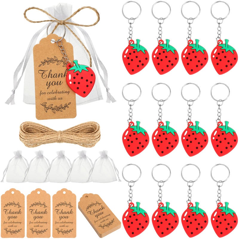 Jadive 48 Sets Strawberry Keychains Party Favors with Thank You Tags Organza Bags for Berry Baby Shower Bridal Shower Wedding Anniversary Birthday Party Supplies