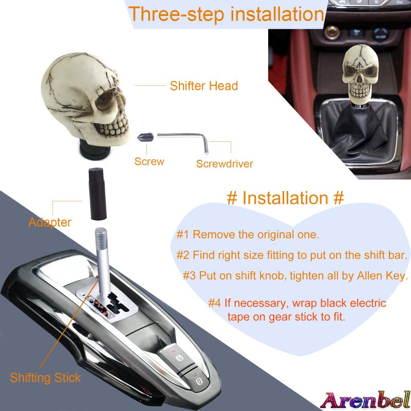 Arenbel Car Gear Lever Grip Knobs Skull Head Racing Shift Stick Manual Shifter Handle Fit Most Auto Manual Vehicles, Beige - Image 4