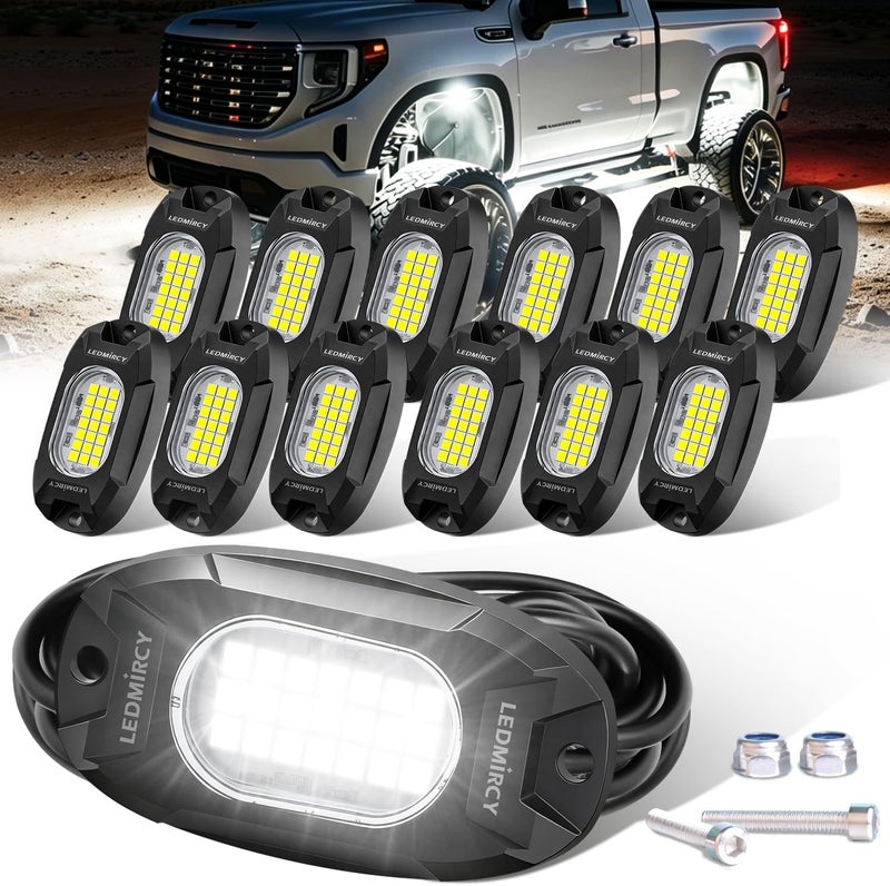 LEDMIRCY أضواء الصخور البيضاء، LEDMIRCY R6 أضواء صخور LED بيضاء نقية 12 قطعة للشاحنات ومركبات UTV والطرق الوعرة ومركبات ATV وSUV وإضاءة السيارات مع 24 شريحة LED فائقة السطوع، إضاءة نيون تحتية عالية الطاقة مقاومة للماء والصدمات. - Image 1