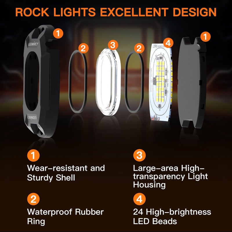 LEDMIRCY أضواء الصخور البيضاء، LEDMIRCY R6 أضواء صخور LED بيضاء نقية 12 قطعة للشاحنات ومركبات UTV والطرق الوعرة ومركبات ATV وSUV وإضاءة السيارات مع 24 شريحة LED فائقة السطوع، إضاءة نيون تحتية عالية الطاقة مقاومة للماء والصدمات. - Image 4