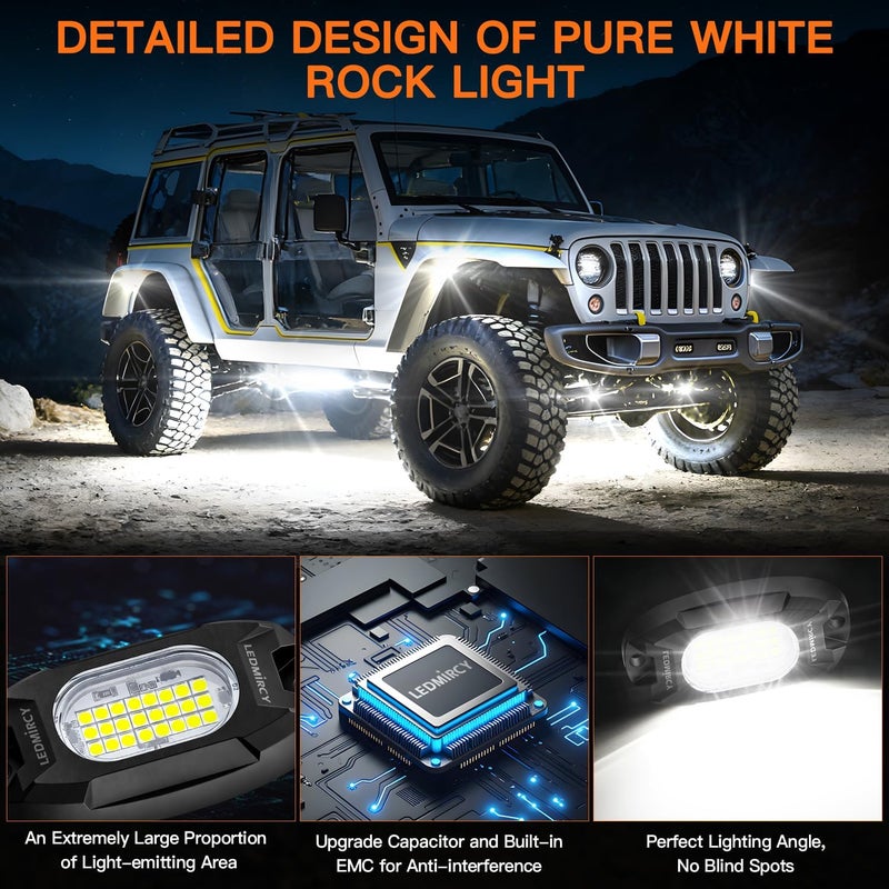 LEDMIRCY أضواء الصخور البيضاء، LEDMIRCY R6 أضواء صخور LED بيضاء نقية 12 قطعة للشاحنات ومركبات UTV والطرق الوعرة ومركبات ATV وSUV وإضاءة السيارات مع 24 شريحة LED فائقة السطوع، إضاءة نيون تحتية عالية الطاقة مقاومة للماء والصدمات. - Image 3