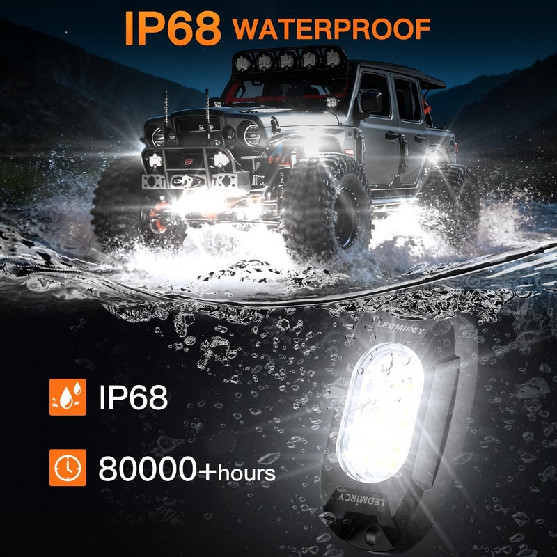 LEDMIRCY أضواء الصخور البيضاء، LEDMIRCY R6 أضواء صخور LED بيضاء نقية 12 قطعة للشاحنات ومركبات UTV والطرق الوعرة ومركبات ATV وSUV وإضاءة السيارات مع 24 شريحة LED فائقة السطوع، إضاءة نيون تحتية عالية الطاقة مقاومة للماء والصدمات. - Image 5