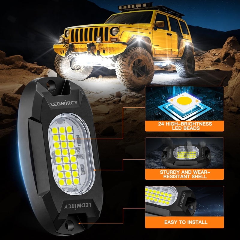 LEDMIRCY أضواء الصخور البيضاء، LEDMIRCY R6 أضواء صخور LED بيضاء نقية 12 قطعة للشاحنات ومركبات UTV والطرق الوعرة ومركبات ATV وSUV وإضاءة السيارات مع 24 شريحة LED فائقة السطوع، إضاءة نيون تحتية عالية الطاقة مقاومة للماء والصدمات. - Image 2