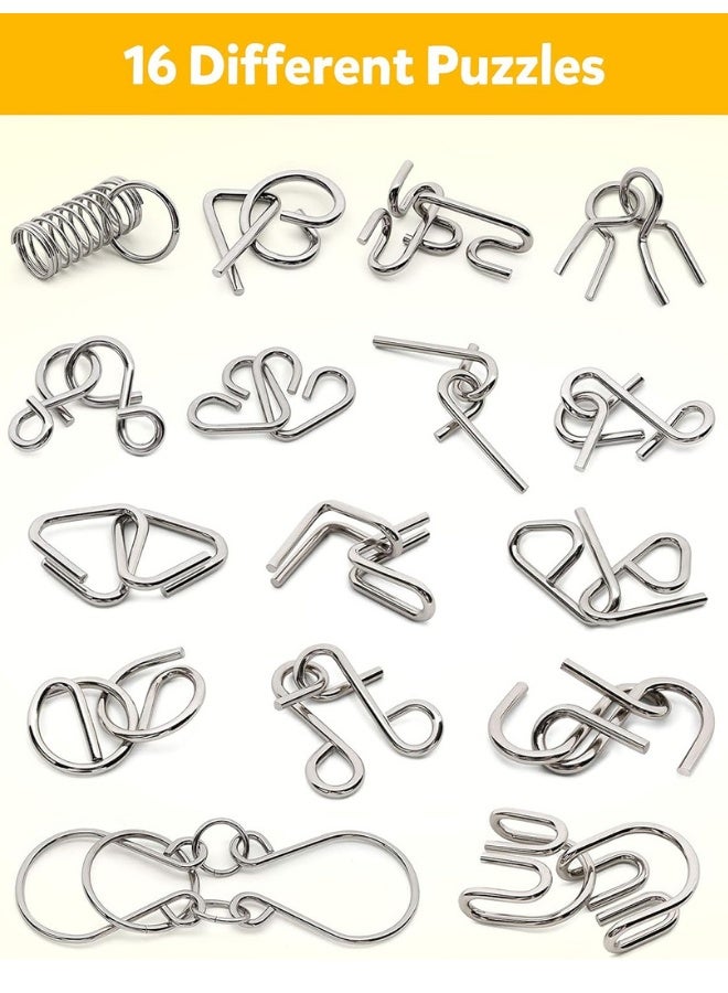 Chase Up Metal Wire Puzzle Set of 16 with Pouch,Brain Teaser IQ Test Disentanglemen Iron Link Unlock Interlock Game Chinese Ring Magic Trick Toy for Party Favor Kids Adults Challenge - Image 4