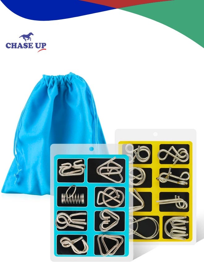 Chase Up Metal Wire Puzzle Set of 16 with Pouch,Brain Teaser IQ Test Disentanglemen Iron Link Unlock Interlock Game Chinese Ring Magic Trick Toy for Party Favor Kids Adults Challenge - Image 1