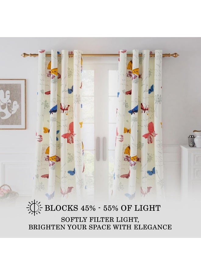 Story@Home - Story@Home 152 Cm 100% Cotton Canvas Fabric Floral Pattern Light Filtering Grommet Window Curtain, White & Blue, Pack Of 2 - Image 1