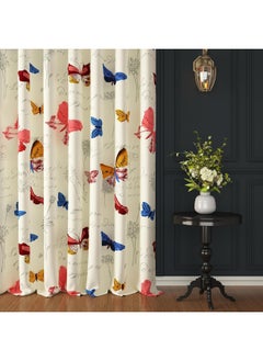Story@Home 152 Cm 100% Cotton Canvas Fabric Floral Pattern Light Filtering Grommet Window Curtain, White & Blue, Pack Of 2
