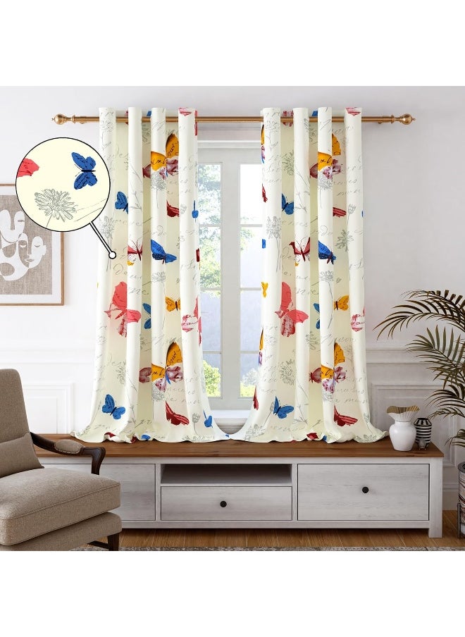 Story@Home - Story@Home 152 Cm 100% Cotton Canvas Fabric Floral Pattern Light Filtering Grommet Window Curtain, White & Blue, Pack Of 2 - Image 1