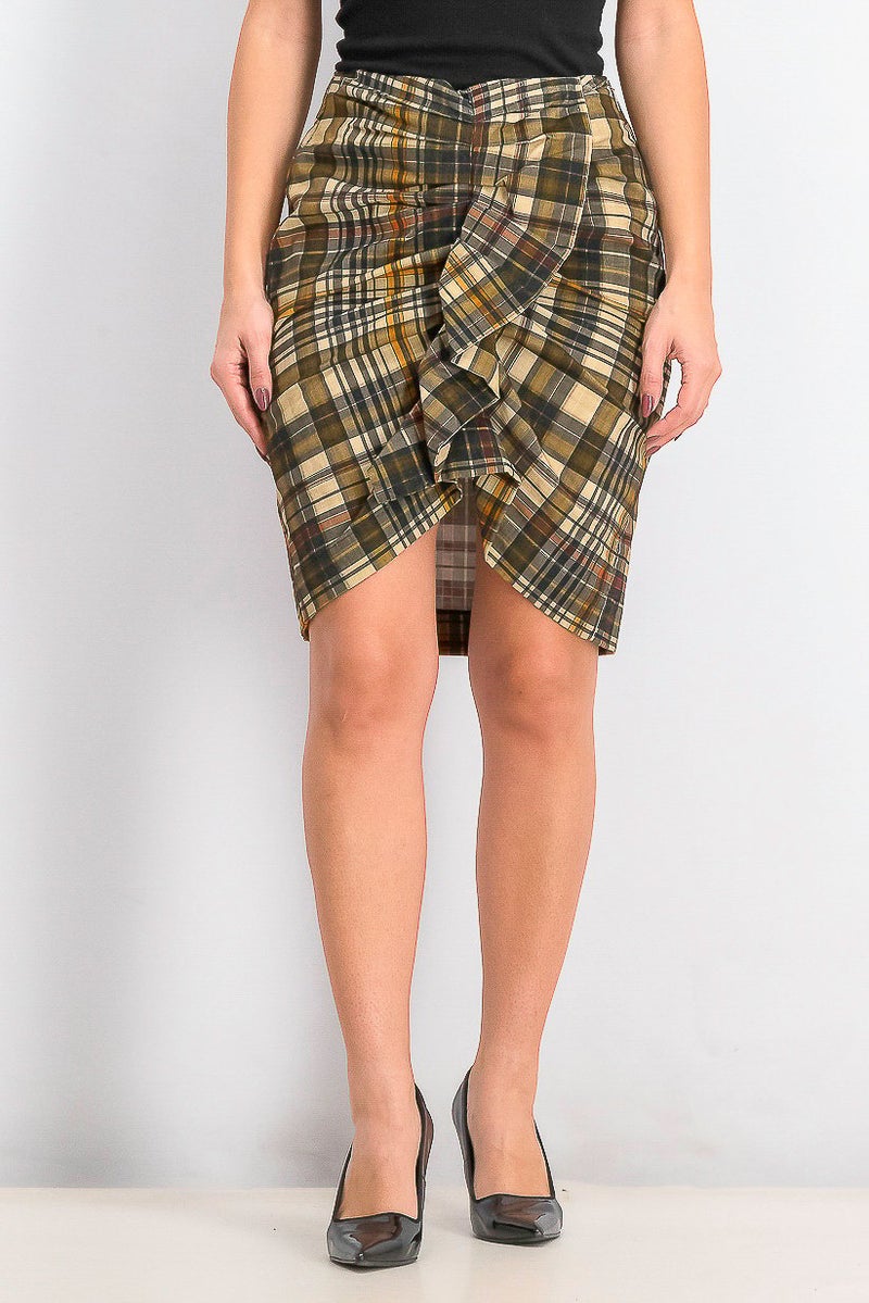MANGO Women Plaid Ruffle Detail Skirt, Brown Combo - Image 1