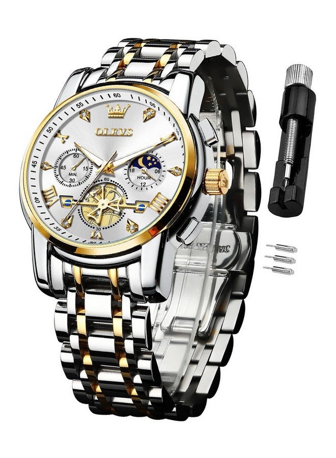 OLEVS Watch for Men Skeleton Analog Quartz Chronograph Diamond Watches Two Tone Stainless Steel Moon Phase Calendar Waterproof Wrist Watch Two Tone&Gold White - Image 1