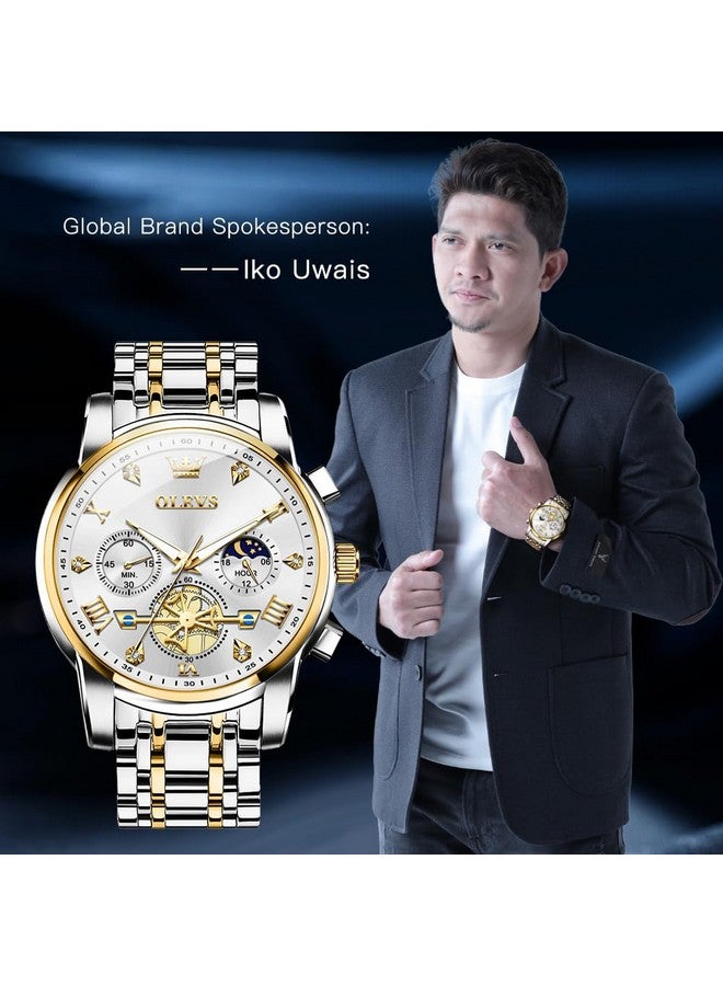 OLEVS Watch for Men Skeleton Analog Quartz Chronograph Diamond Watches Two Tone Stainless Steel Moon Phase Calendar Waterproof Wrist Watch Two Tone&Gold White - Image 2