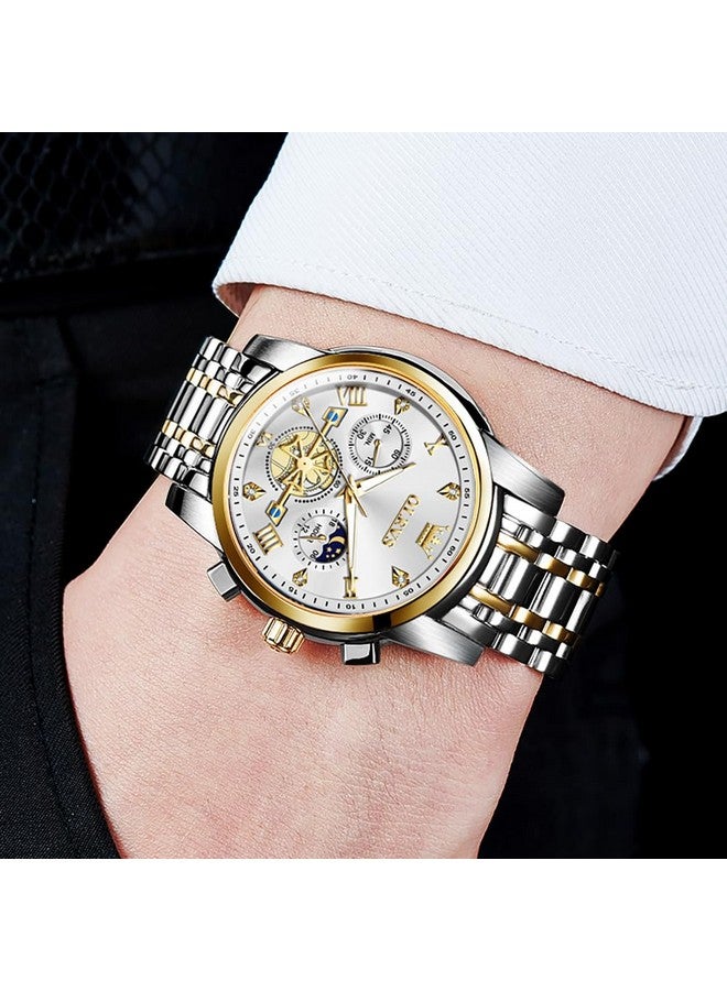 OLEVS Watch for Men Skeleton Analog Quartz Chronograph Diamond Watches Two Tone Stainless Steel Moon Phase Calendar Waterproof Wrist Watch Two Tone&Gold White - Image 4
