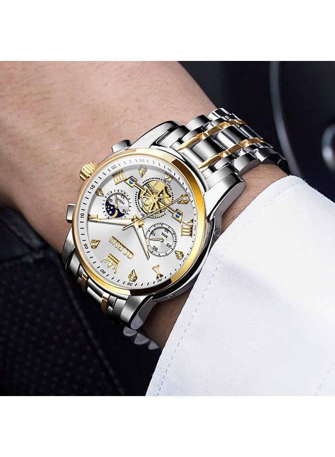OLEVS Watch for Men Skeleton Analog Quartz Chronograph Diamond Watches Two Tone Stainless Steel Moon Phase Calendar Waterproof Wrist Watch Two Tone&Gold White - Image 5