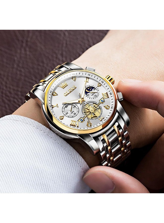 OLEVS Watch for Men Skeleton Analog Quartz Chronograph Diamond Watches Two Tone Stainless Steel Moon Phase Calendar Waterproof Wrist Watch Two Tone&Gold White - Image 3