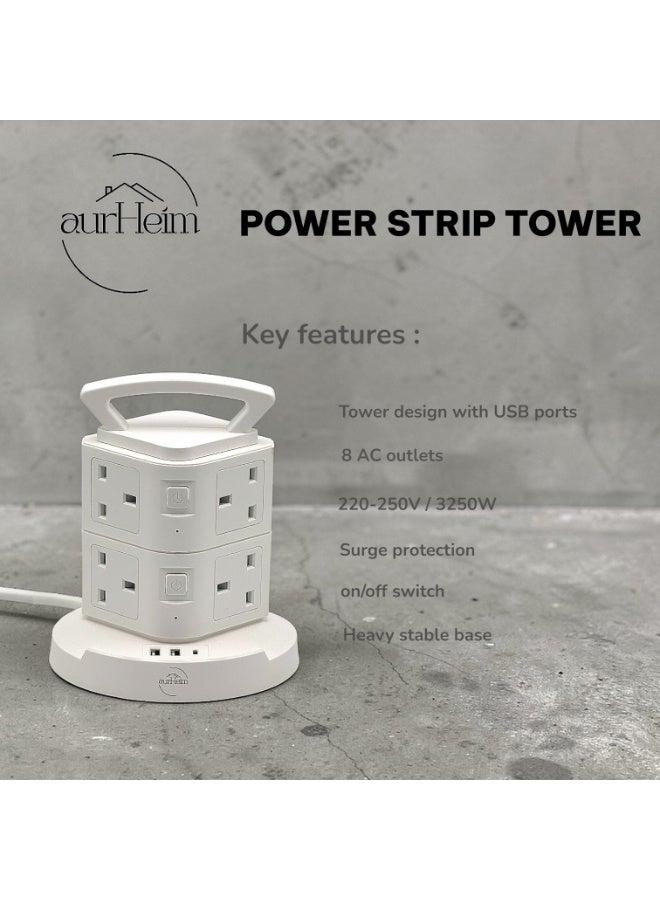 Aurheim Extension cord power strip , 8-Way Tower Socket with 1 USB-C & 2 USB-A Ports, for OFFICIE , SURGE PROTECTION , 2M Cord , Multi-Plug Extension Socket with Overload Protection (2 meter cable) - Image 2