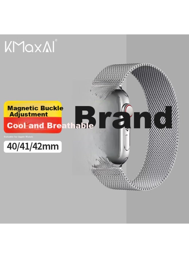 Kmaxai Milanese Loop Stainless Steel Metal Mesh Band With Magnetic Closure For Apple Watch Se/8/7/6 Series 10/9, 40/41/42mm Silver - Image 1