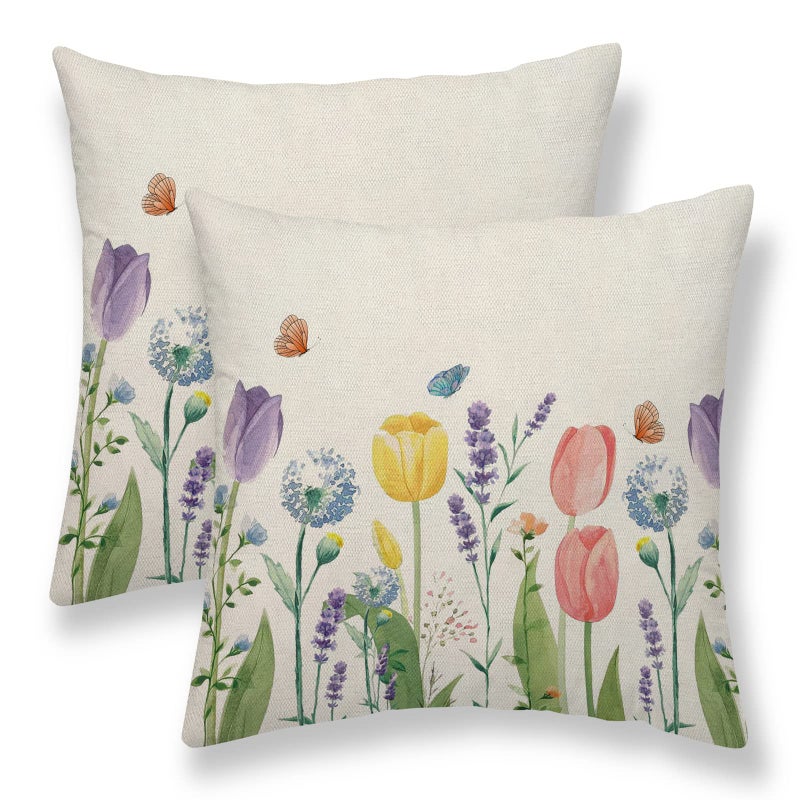 Spring Pillow Covers 18x18 Set of 2 Tulip Lavender Flower Decorative Throw Pillows Farmhouse Outdoor Linen Summer Seasonal Floral Cushion Case for Couch Sofa Home Decor