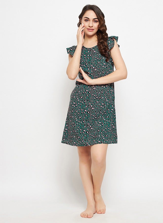 Clovia Animal Print Long Sleep Tee in Green - Rayon - Image 1