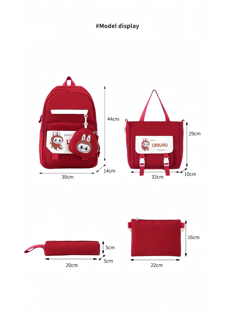 Labubu School Bag Women's Backpack Female College Students High School Students New Large Capacity Students Class Tutoring Four-Piece Backpack - Image 3