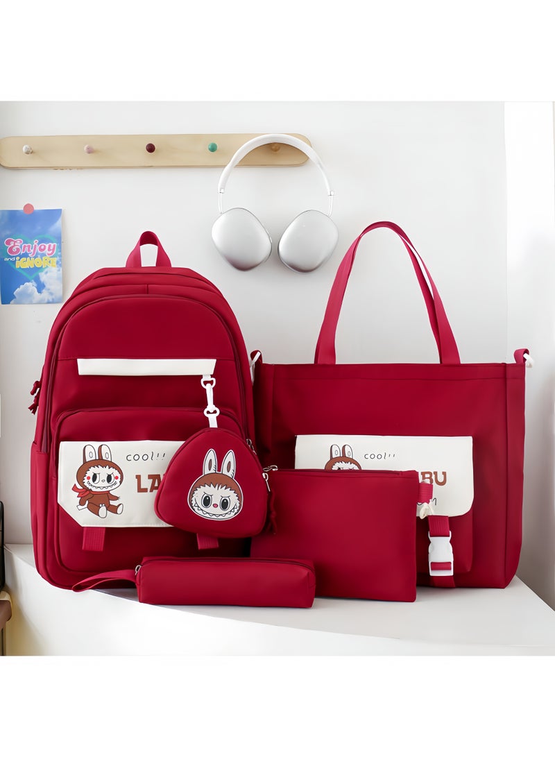 Labubu School Bag Women's Backpack Female College Students High School Students New Large Capacity Students Class Tutoring Four-Piece Backpack - Image 1