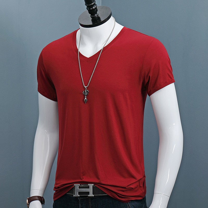 Modal short-sleeved T-shirt men's ultra-light thin slim fit plus-size youth solid color V-neck T-shirt trendy top - Image 3