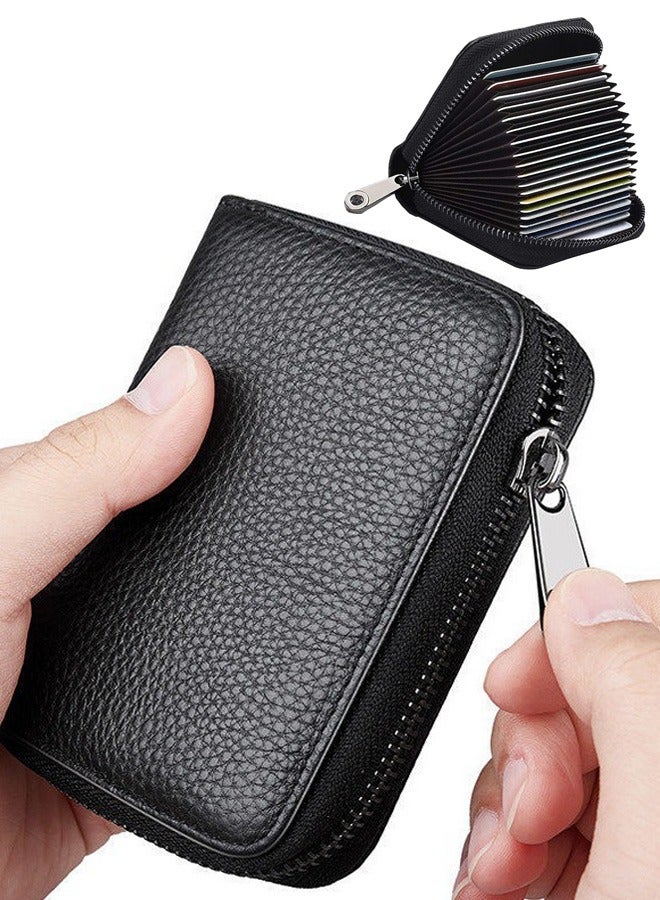 محفظة سحاب جلد PU للرجال والنساء مع 20 فتحات بطاقة محفظة أكورديون (أسود) - Image 1