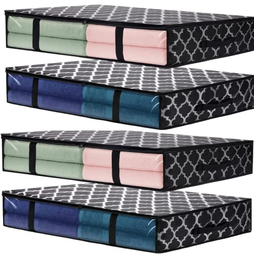 KIKA HOMS Moroccan Print Underbed Storage, Foldable Clothes Storage Box, Storage Organizer, Clothes Cover, for Comforter, Blanket, Clothing, Sweaters, Pillows, Toys, 4 pcs, 23.6x17.7x5.9 Inches, Black - Image 1