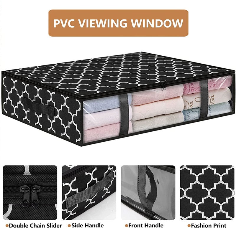 KIKA HOMS Moroccan Print Underbed Storage, Foldable Clothes Storage Box, Storage Organizer, Clothes Cover, for Comforter, Blanket, Clothing, Sweaters, Pillows, Toys, 4 pcs, 23.6x17.7x5.9 Inches, Black - Image 4