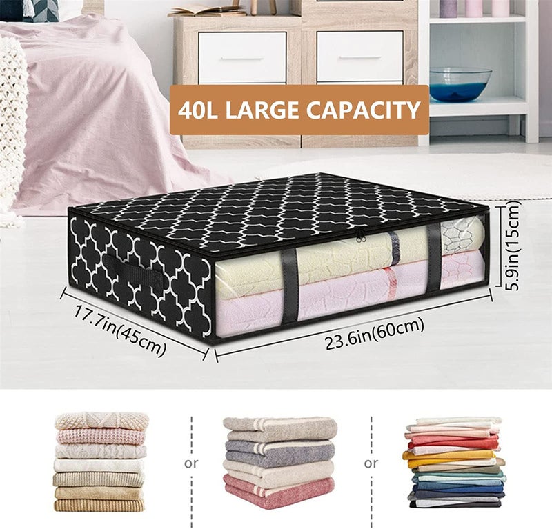 KIKA HOMS Moroccan Print Underbed Storage, Foldable Clothes Storage Box, Storage Organizer, Clothes Cover, for Comforter, Blanket, Clothing, Sweaters, Pillows, Toys, 4 pcs, 23.6x17.7x5.9 Inches, Black - Image 2
