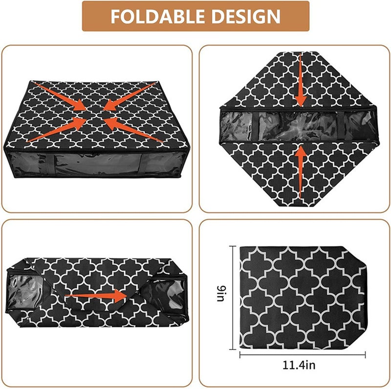 KIKA HOMS Moroccan Print Underbed Storage, Foldable Clothes Storage Box, Storage Organizer, Clothes Cover, for Comforter, Blanket, Clothing, Sweaters, Pillows, Toys, 4 pcs, 23.6x17.7x5.9 Inches, Black - Image 5