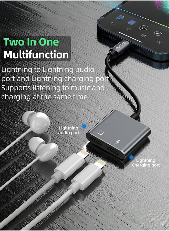 DUDAO - 2-in-1 Lightning adapter, supports simultaneous charging and music, 150mm portable design, high-quality TPE+aluminum alloy material, suitable for games, calls and singing - Image 1