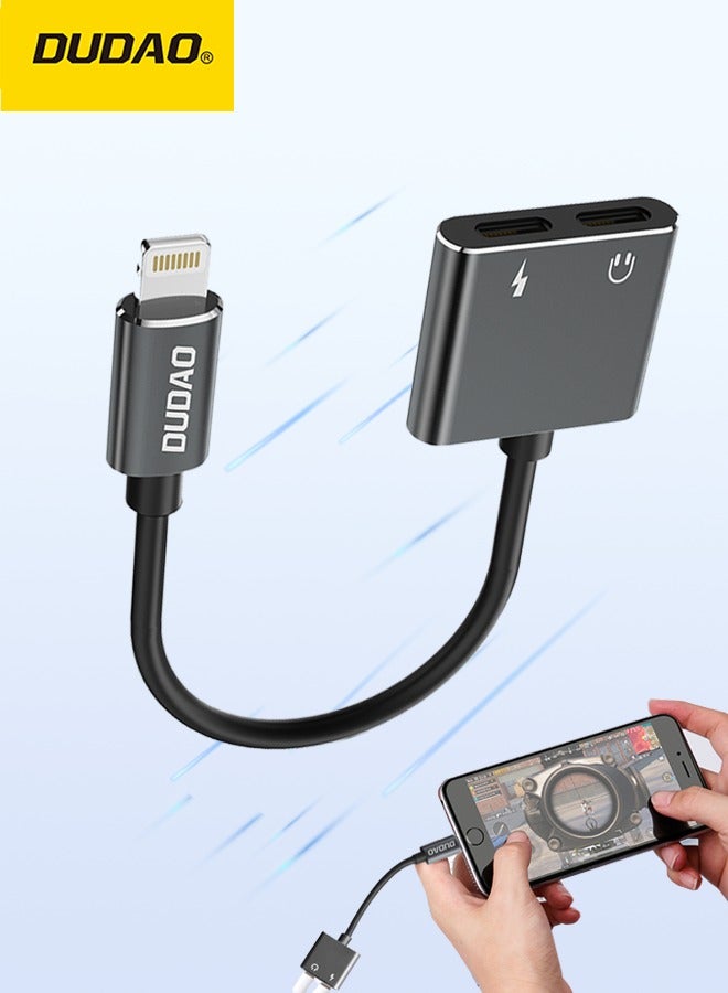 DUDAO محول Lightning 2 في 1، يدعم الشحن المتزامن والموسيقى، تصميم محمول بطول 150 مم، مادة عالية الجودة TPE + سبيكة الألمنيوم، مناسب للألعاب والمكالمات والغناء - Image 1