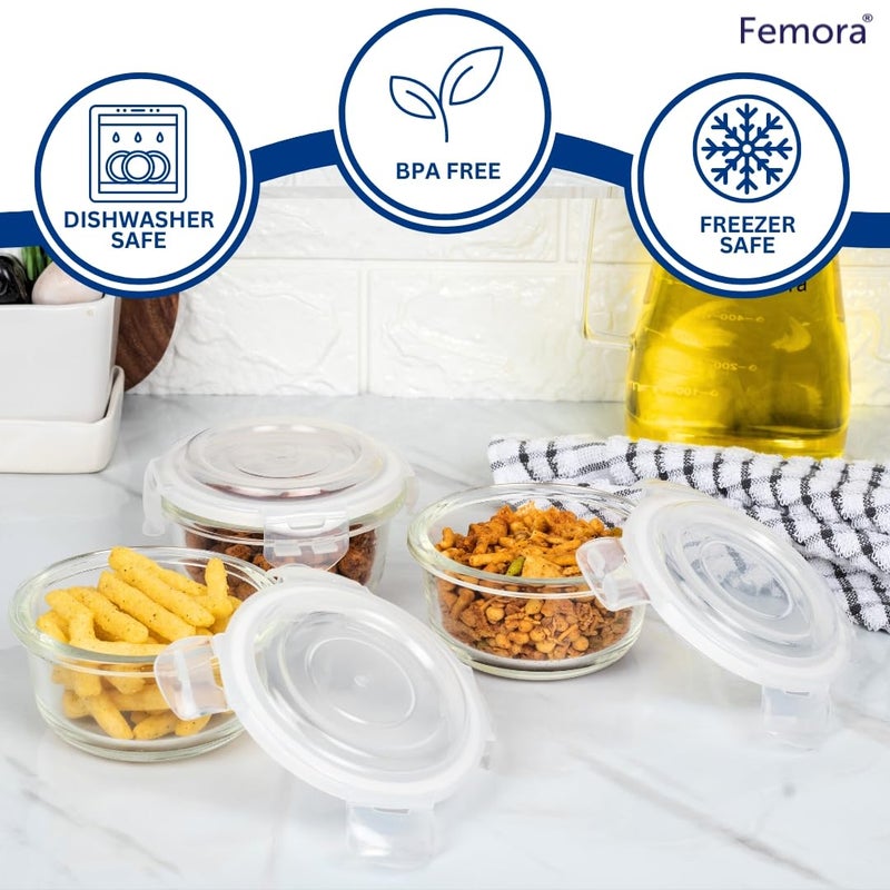 Femora Borosilicate Glass Containers for Kitchen | 1 Year Warranty | Container Boxes for Storage, Storage Box for Kitchen with Air Vent Lid, Microwave Safe Utensils, Round (Set of 3-240ml Each) - Image 4