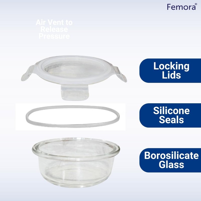 Femora Borosilicate Glass Containers for Kitchen | 1 Year Warranty | Container Boxes for Storage, Storage Box for Kitchen with Air Vent Lid, Microwave Safe Utensils, Round (Set of 3-240ml Each) - Image 3