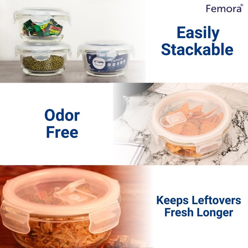 Femora Borosilicate Glass Containers for Kitchen | 1 Year Warranty | Container Boxes for Storage, Storage Box for Kitchen with Air Vent Lid, Microwave Safe Utensils, Round (Set of 3-240ml Each) - Image 5