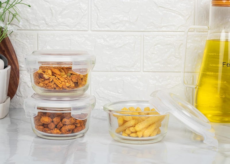 Femora Borosilicate Glass Containers for Kitchen | 1 Year Warranty | Container Boxes for Storage, Storage Box for Kitchen with Air Vent Lid, Microwave Safe Utensils, Round (Set of 3-240ml Each) - Image 1