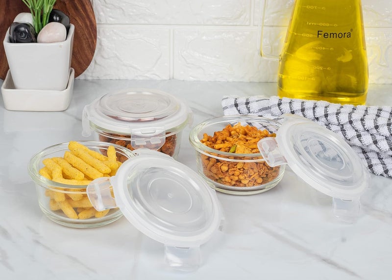 Femora Borosilicate Glass Containers for Kitchen | 1 Year Warranty | Container Boxes for Storage, Storage Box for Kitchen with Air Vent Lid, Microwave Safe Utensils, Round (Set of 3-240ml Each) - Image 2