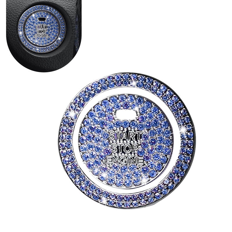 Ferianl Crystal Rhinestone Car Engine Stop Decoration Ring Sticker Sparkling Rhinestone Push Start Button Decorative Cover Bling Interior Accessories for Women Universal for Most Car Blue - Image 3