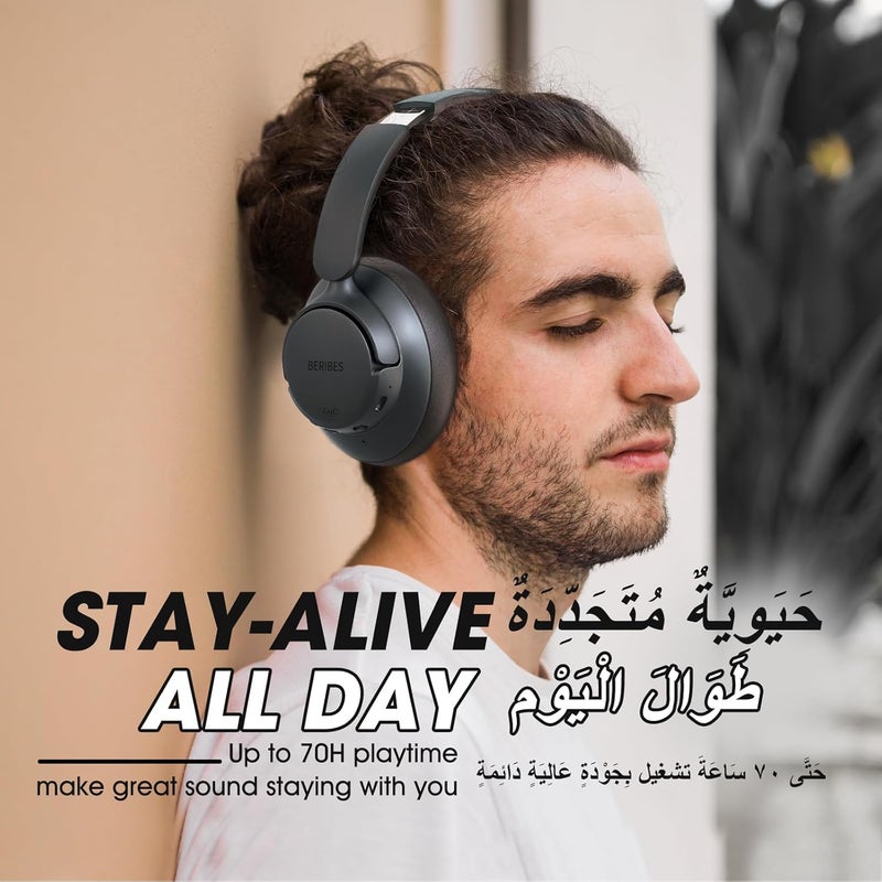 BERIBES Active Noise Cancelling Headphones, Headphones Wireless over ear with Microphone, 70H Playtime, Foldable Bluetooth Headphones with HiFi Audio, Deep Bass for Office, Travel, Gym - Image 2
