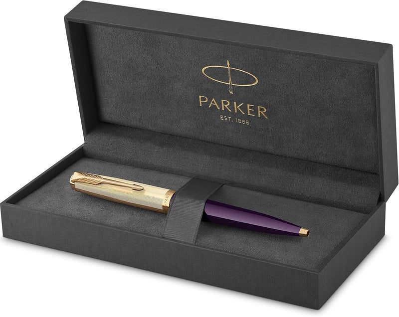 PARKER 51 Ballpoint Pen | Deluxe Plum Barrel With Gold Trim | Medium 18K Gold Point With Black Ink Refill | Gift Box - Image 1