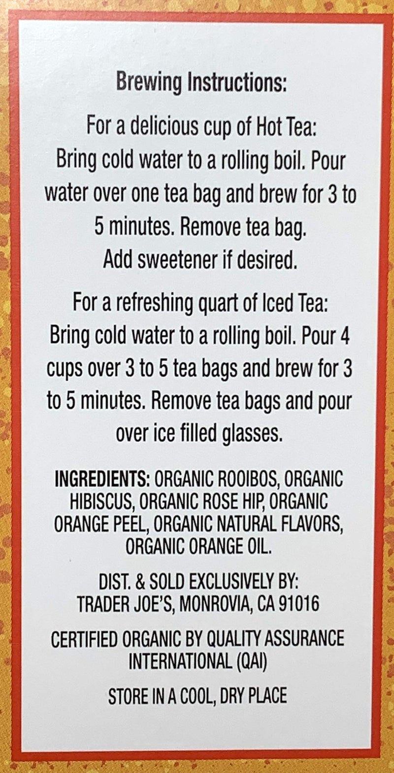 Trader Joe's Trader Joes Organic Blood Orange Rooibos Herbal Tea Blend, Flavored with other Natural Flavors, Caffeine Free, 20 Tea Bags, 1.13 ounces (32 grams) - Image 2