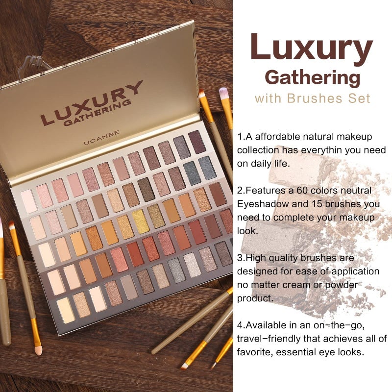 UCANBE Luxury Gathering Neutral Eyeshadow Makeup Palette, Naked Shimmer Matte Metallic Glitter Subtle Eyes Shadow,High Pigmented Nudes Creamy Smokey Pallet Set - Image 3